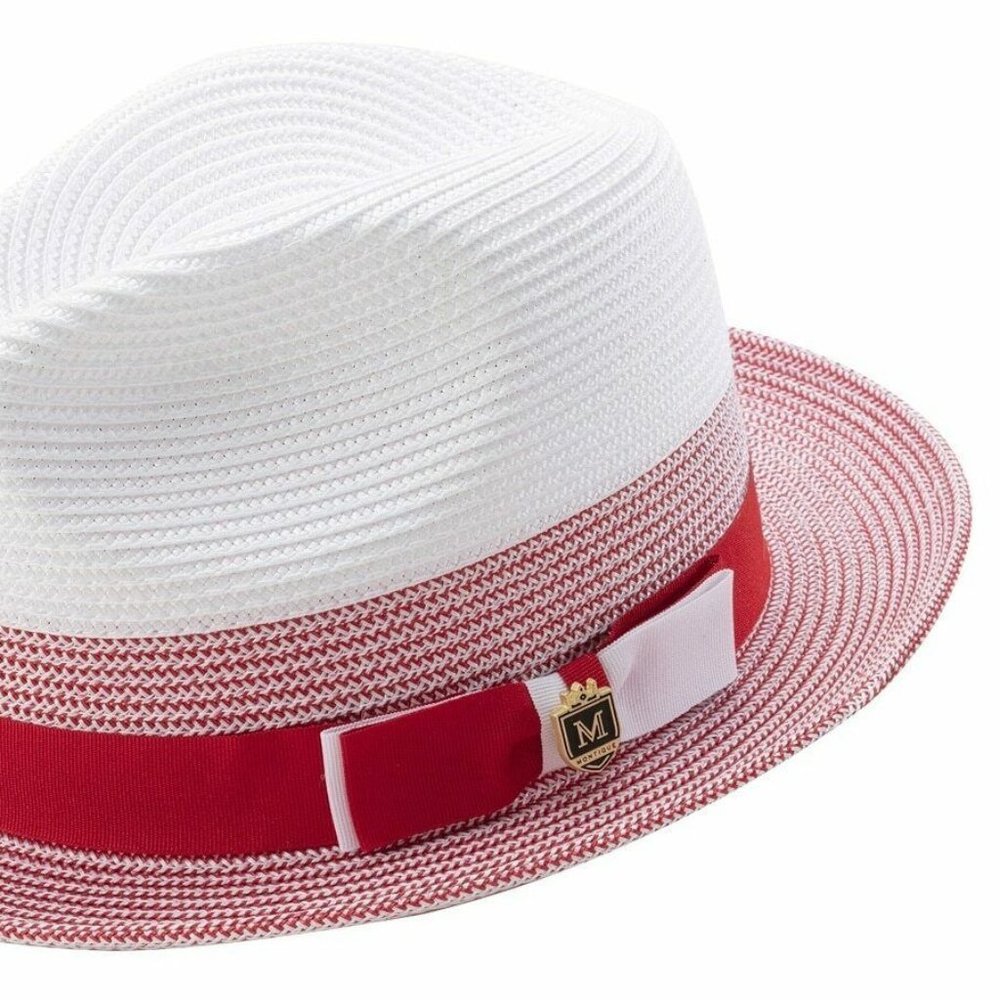 Montique Two Tone Red/ White Crown Braided Pinch Fedora Hat. h 69 - Picture 2 of 2